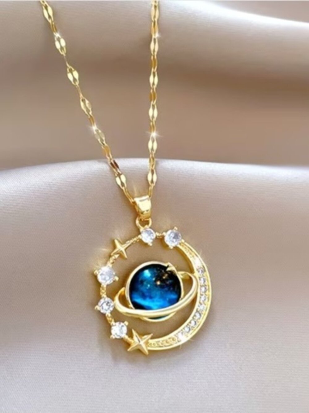 DESIGNER Space Age Gold Blue Saturn Moon & Stars Clear Crystals Chain Necklace
